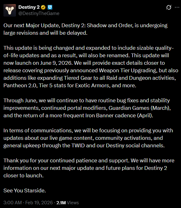 Destiny 2: Shadow and Order delay announcement