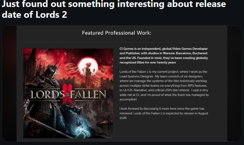 Lords of the Fallen 2 release date leak by a dev